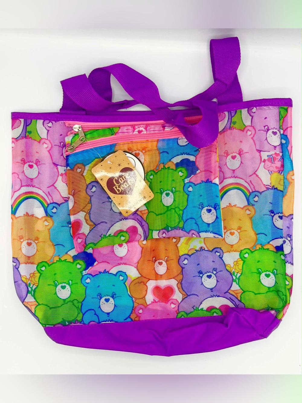Vintage Care Bears 16" Mesh Beach Tote with Removable Pouch Purple